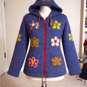 Floral Embroidered Blue Women's wool cardigan